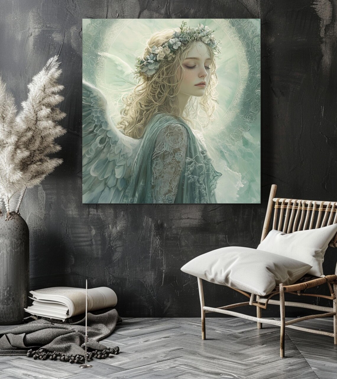Ethereal Winged Angel In Flower Crown Fantasy Portrait Poster