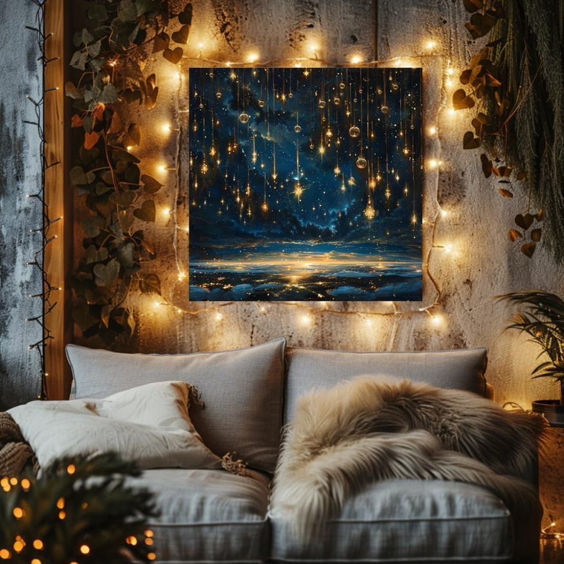 Celestial Night Sky with Falling Golden Stars Over Dark Ocean Poster - Image 3