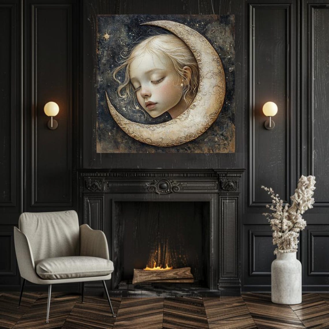 Sleeping Child Nestled In Ornate Crescent Moon Starry Night Poster - Image 2