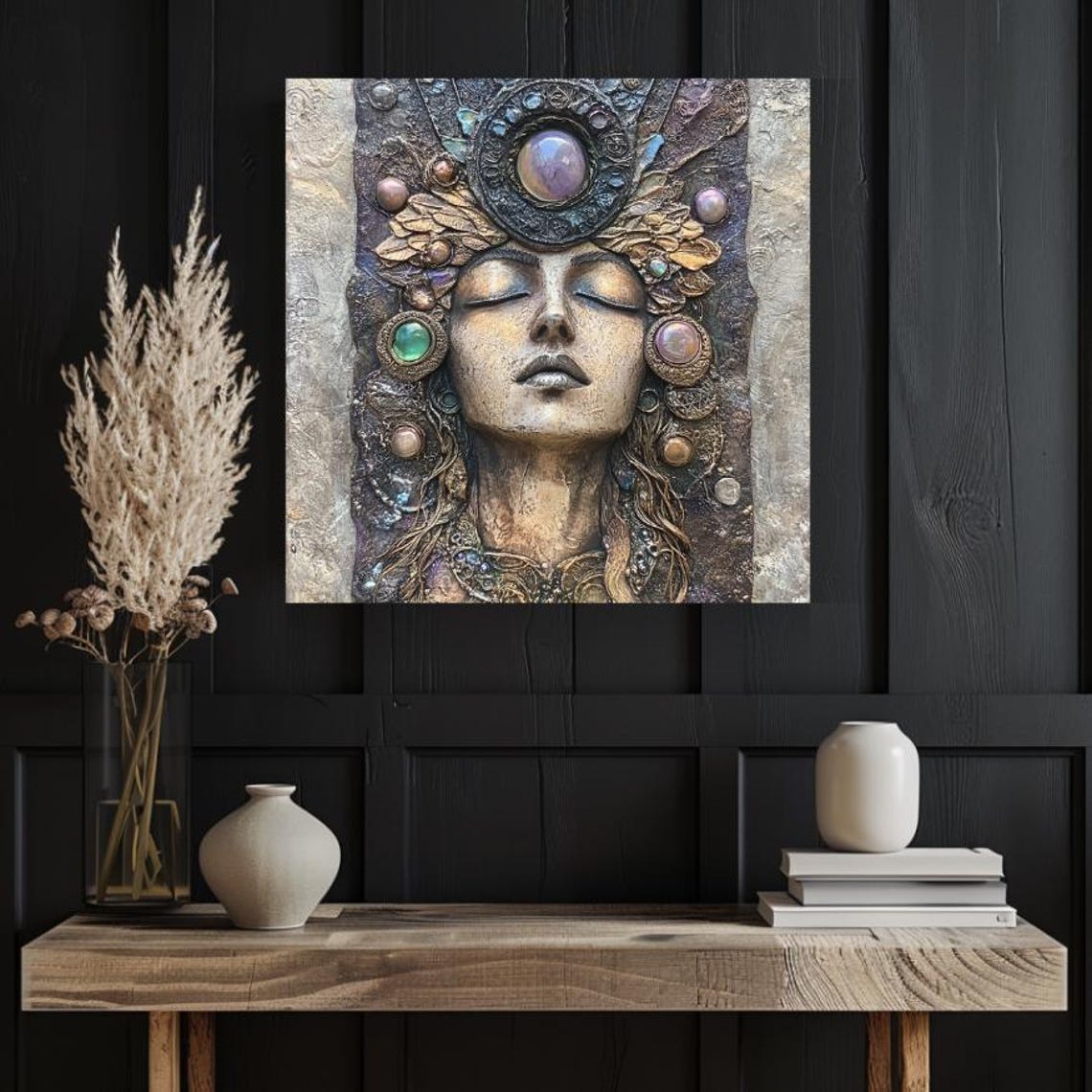 Gemstone Goddess Relief Face with Crystal Headdress Mystic Art Poster - Image 3
