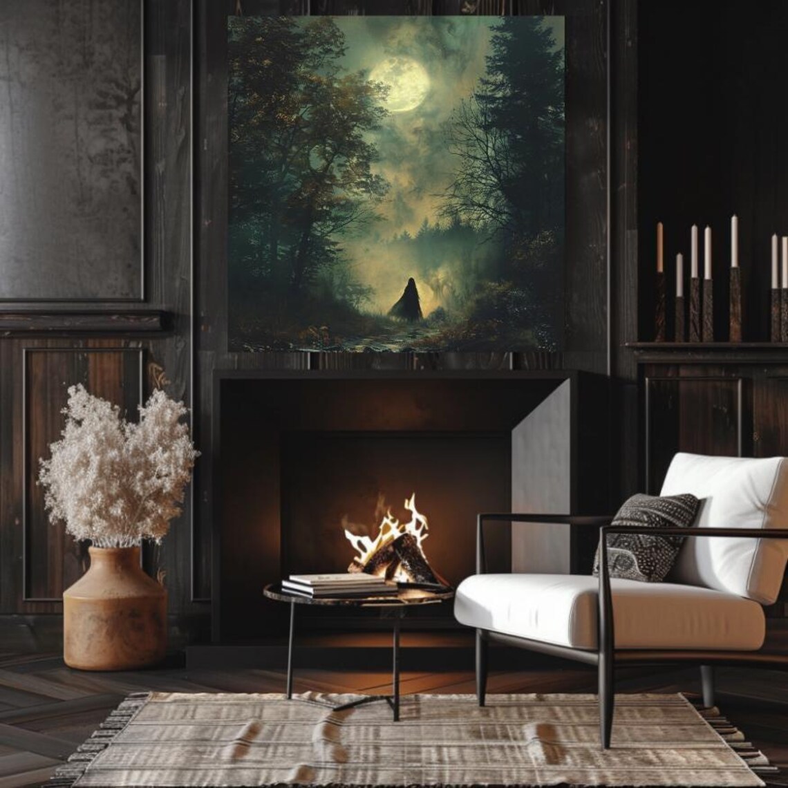 Hooded Witch Walking in Foggy Moonlit Forest Mystical Night Art Poster - Image 3