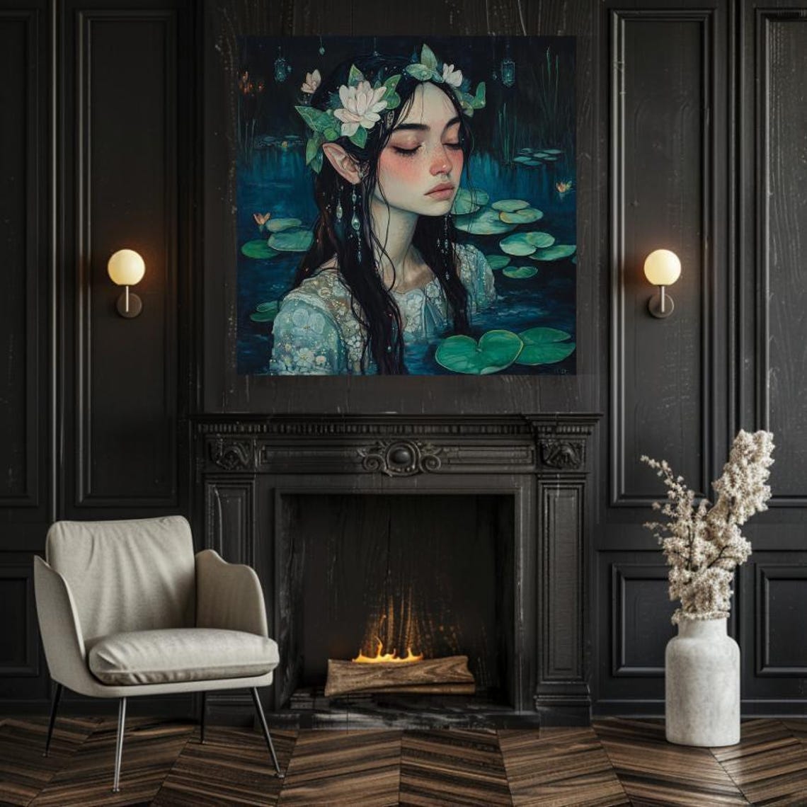 Water Nymph With Lily Crown In Moonlit Pond Dark Teal Poster - Image 2