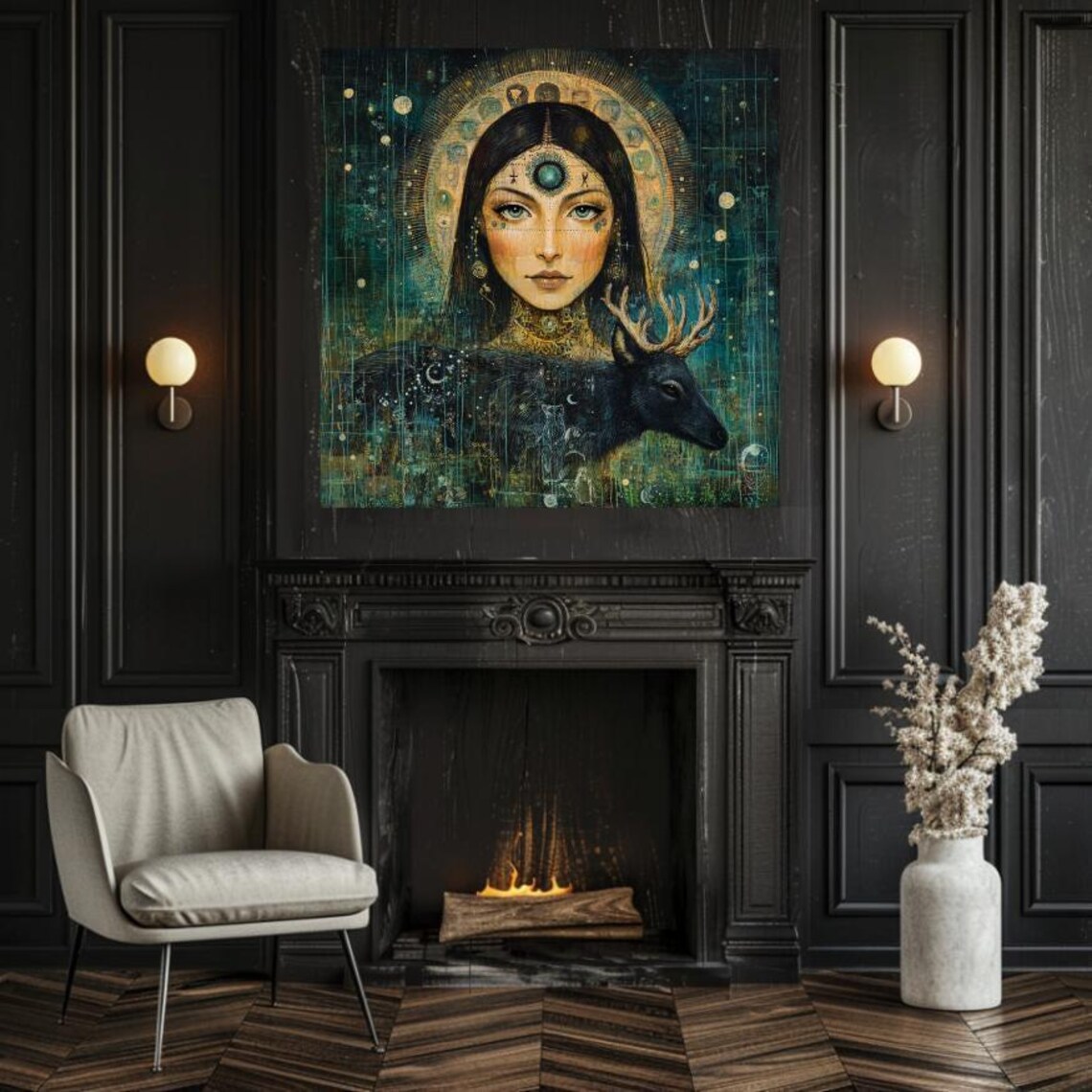 Emerald Moon Woman With Stag And Third Eye Mystical Cosmic Wall Art - Image 2