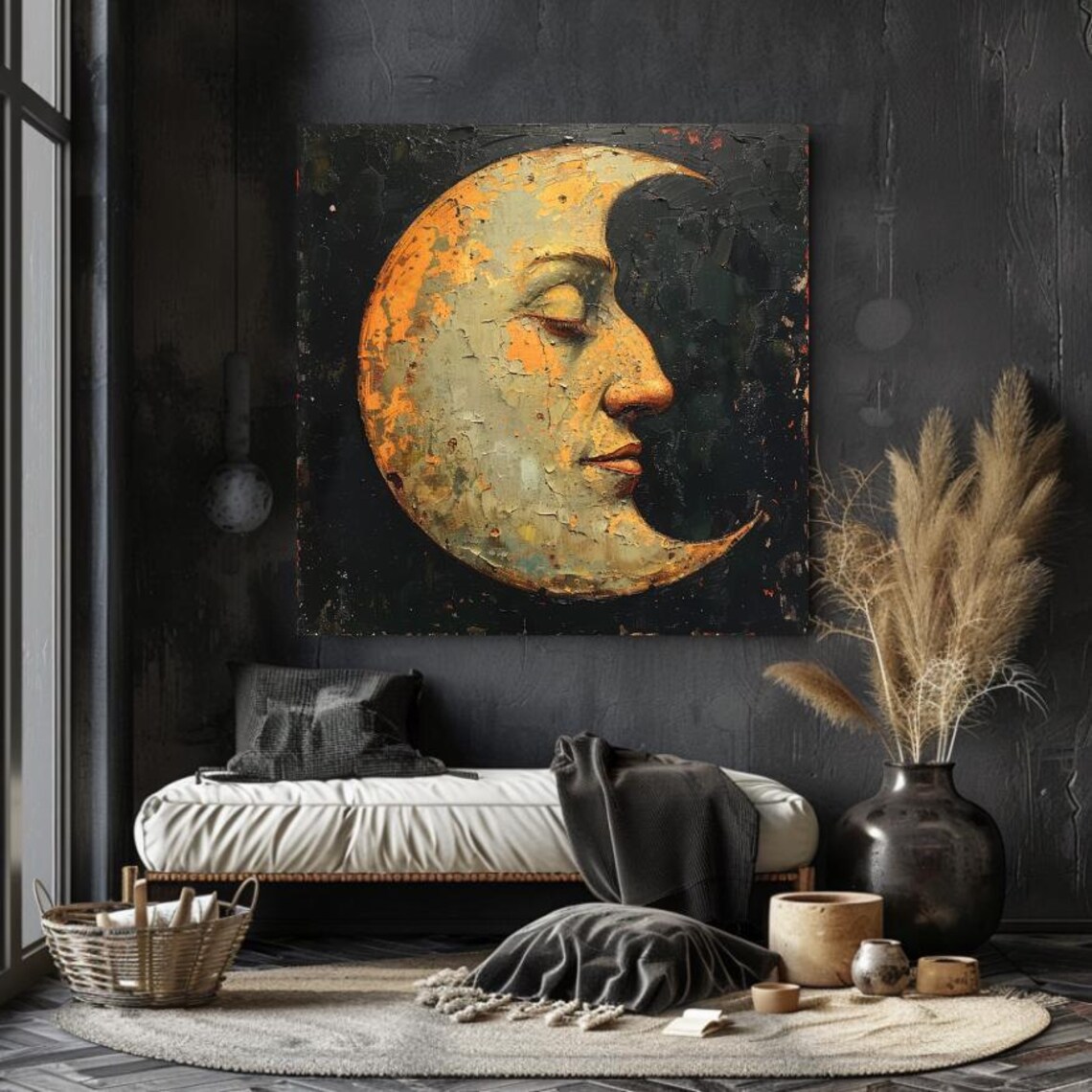 Vintage Crescent Moon Face Art Print, Mystical Moon