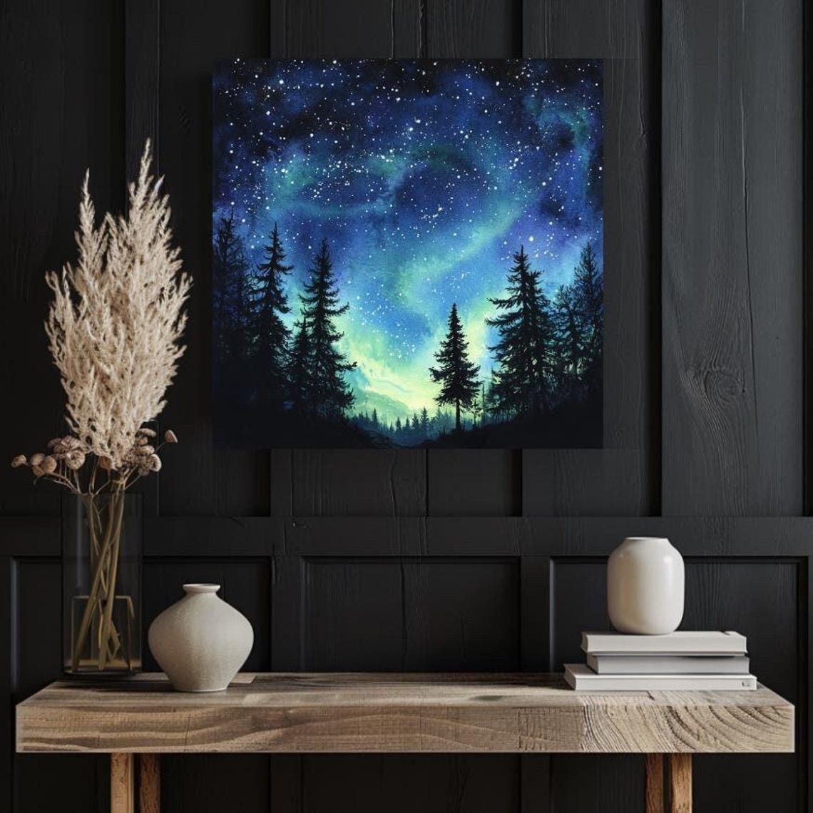 Aurora Borealis Over Pine Forest Watercolor Starry Night Poster