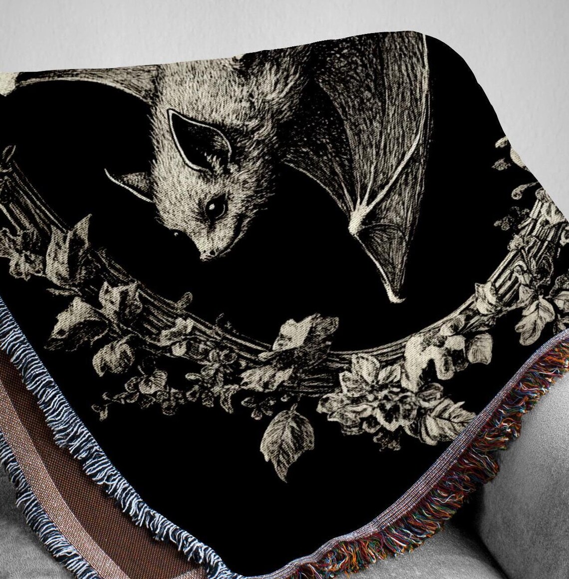 Vintage Bat in Floral Frame Woven Tapestry Throw Blanket Gothic Art Print - Image 2