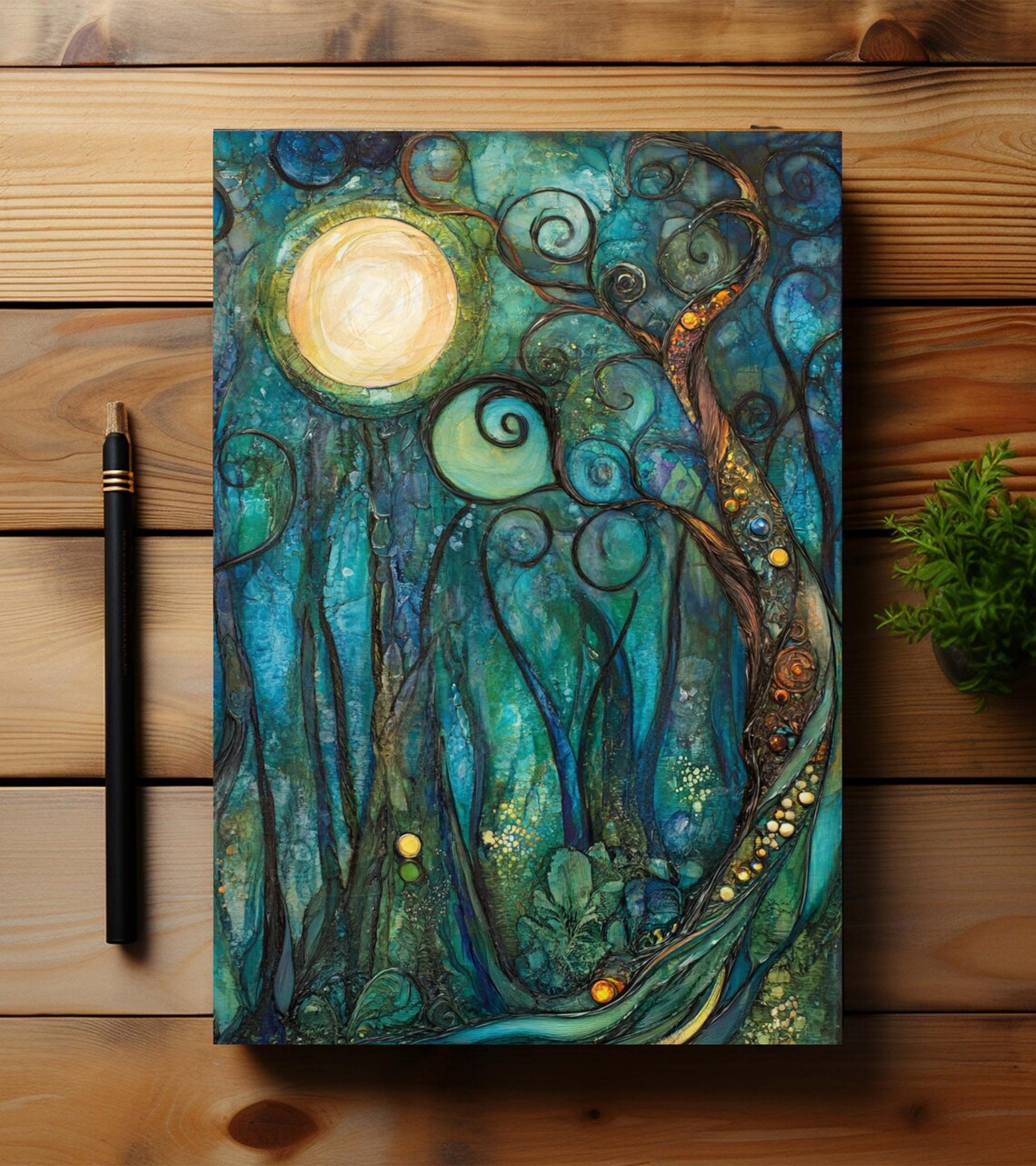 Mystical Teal Moonlit Forest Alcohol Ink Nature Journal Art Print