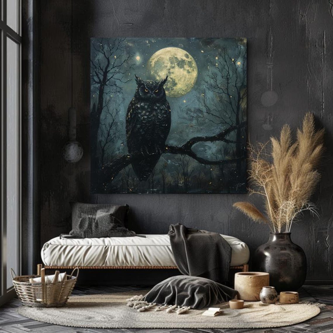 Black Owl Perched Before Full Moon Gothic Night Forest Art Poster