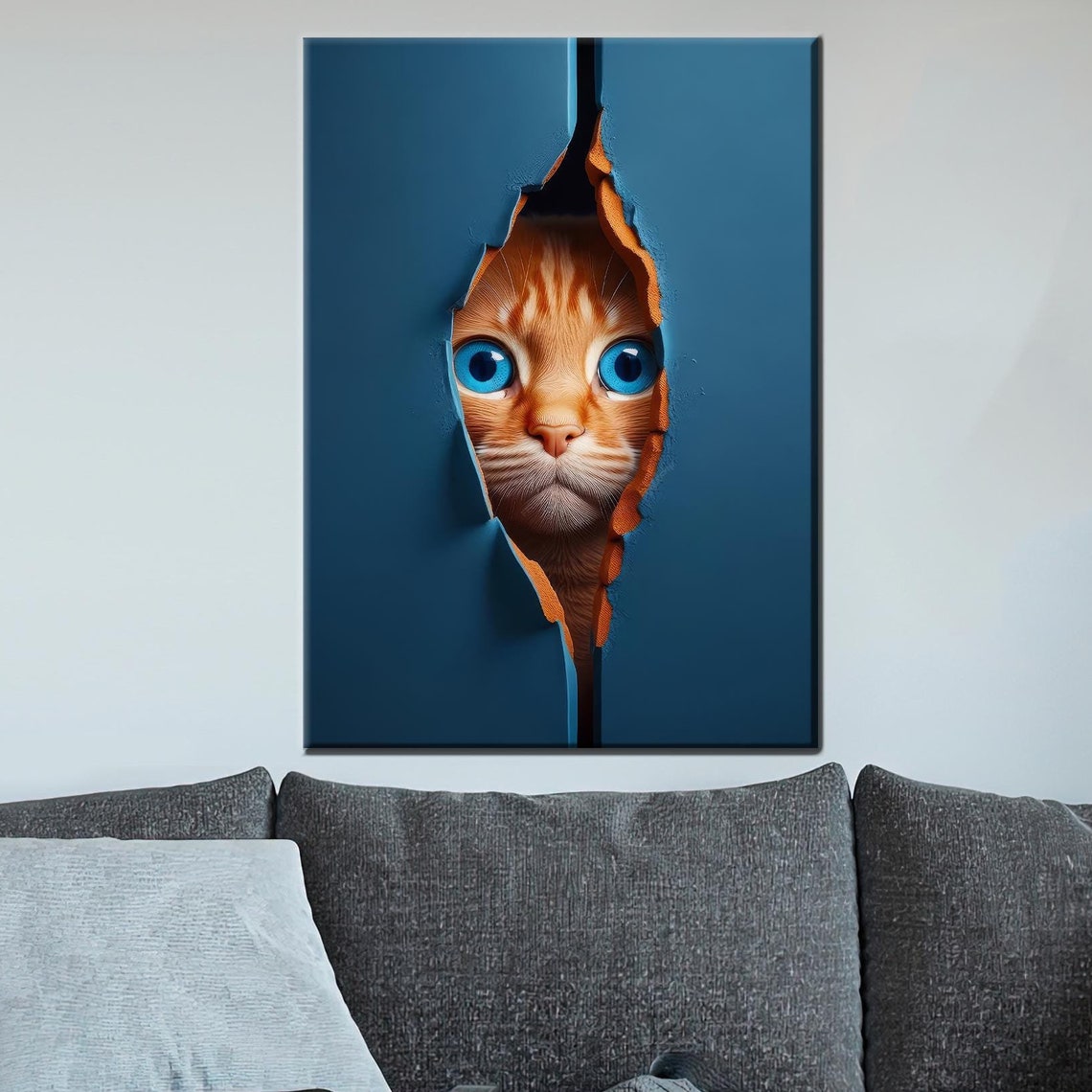 Curious Orange Cat Peeking Through Torn Blue Paper 3D Wall Art