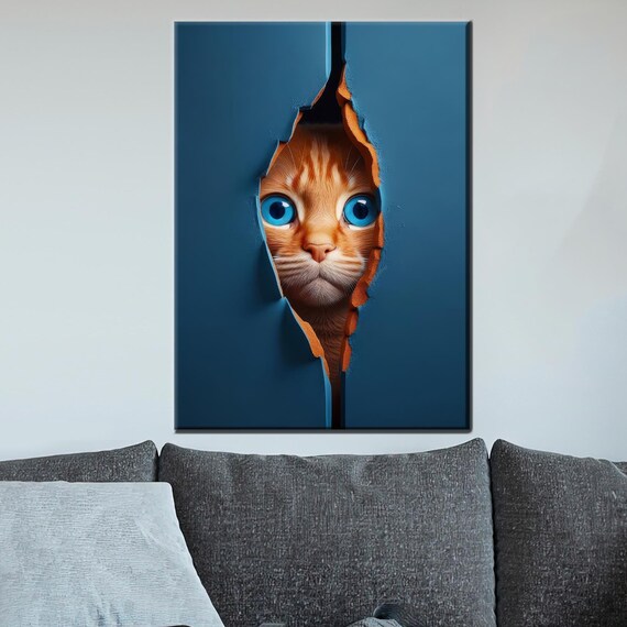 Curious Orange Cat Peeking Through Torn Blue Paper 3D Wall Art