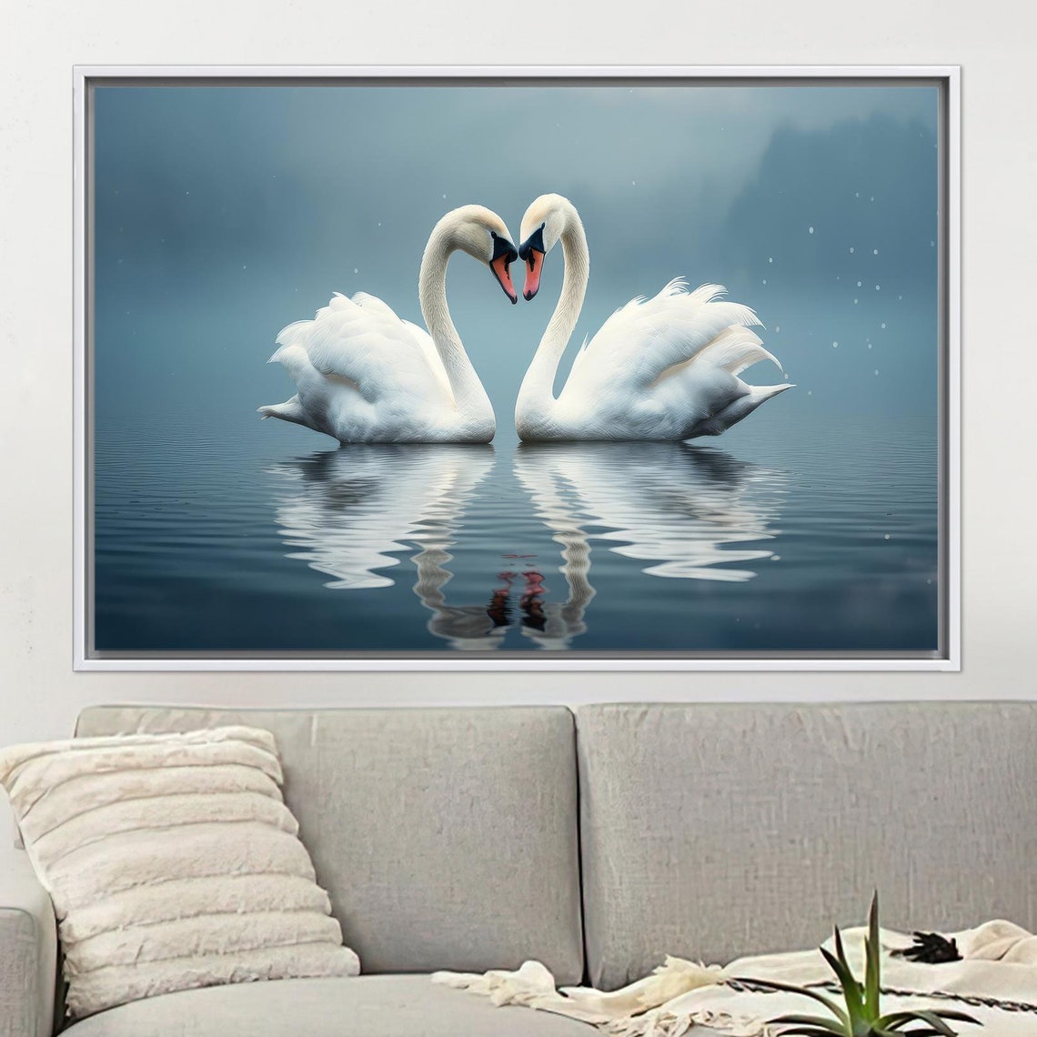 Swans In Love Canvas Decor Floating Frame Water Wall Art Two Animal Grandma Gift Personalized