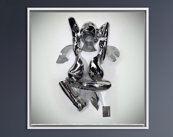 3D Silver Couple Hugging Abstract Art Print