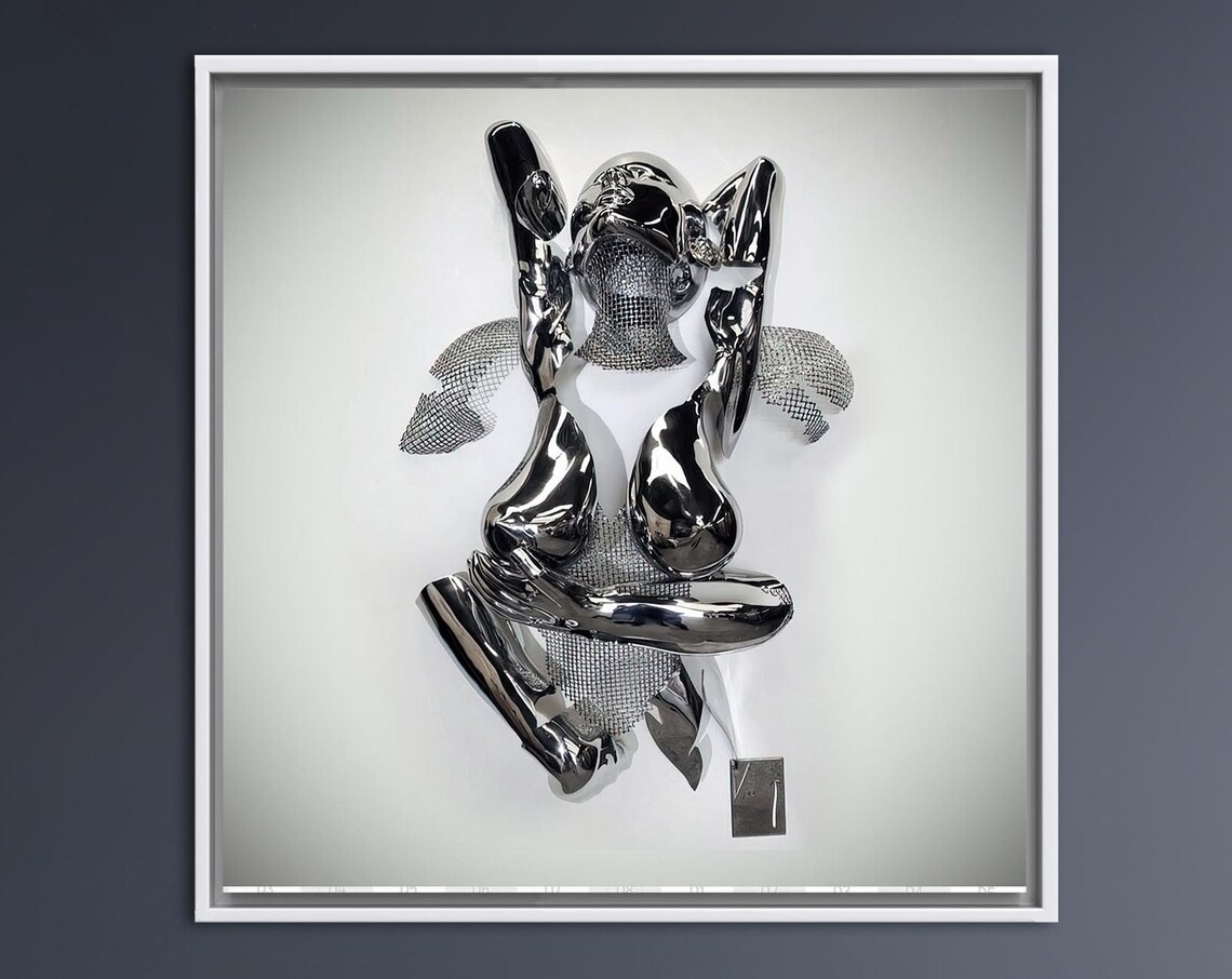 3D Silver Couple Hugging Abstract Art Print