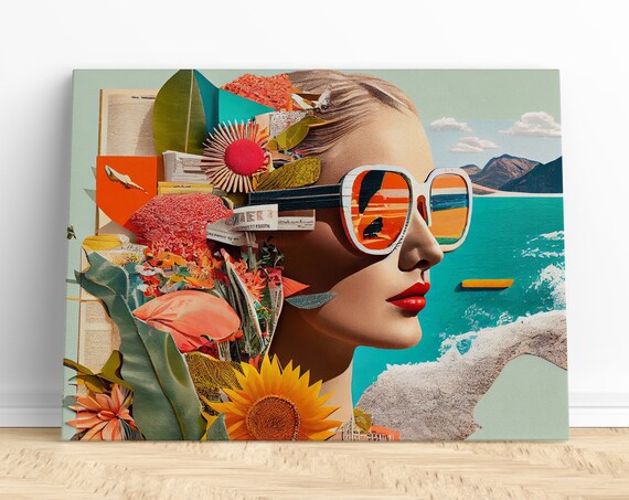 Retro Woman Collage Poster Sunglasses Flowers Beach Surreal Pop Artwork