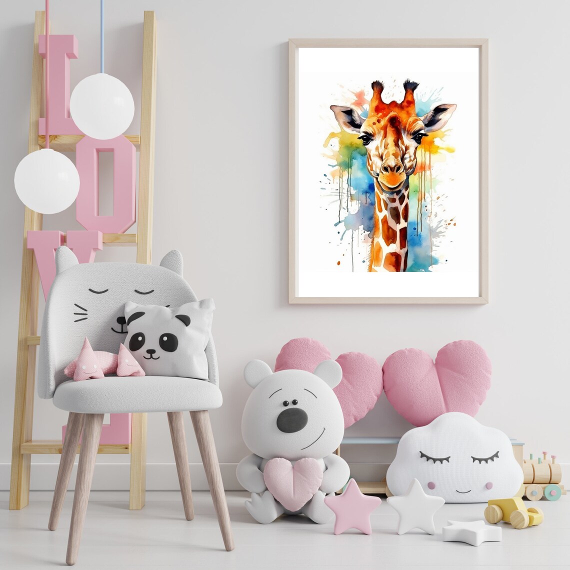 Giraffe Close Up Watercolor Portrait Paint Splash Nursery Print - Image 5