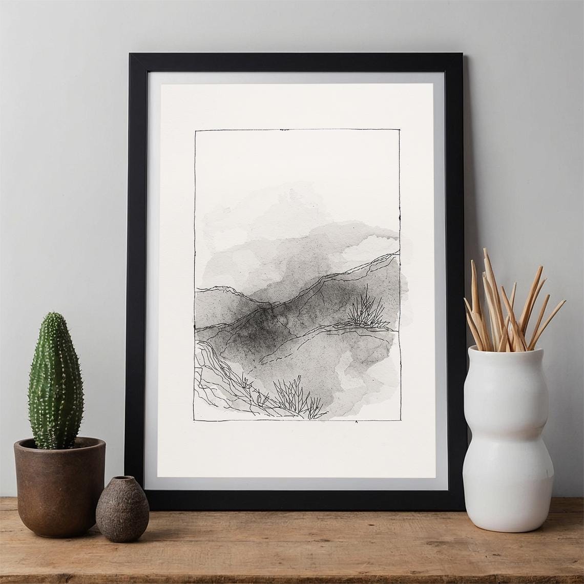 Minimalist Black And White Ink Line Mountain Landscape Sketch Poster