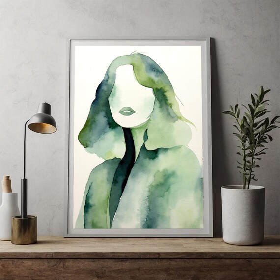 Abstract Woman Portrait In Green Watercolor Minimalist Face Poster