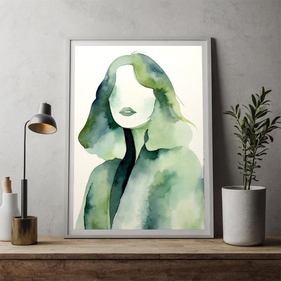 Green Watercolor Abstract Face Art Print Minimalist Home Office Decor