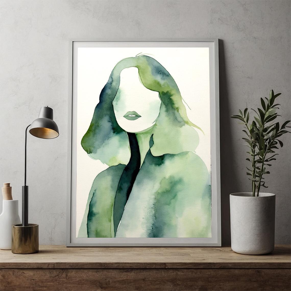 Abstract Woman Portrait In Green Watercolor Minimalist Face Poster