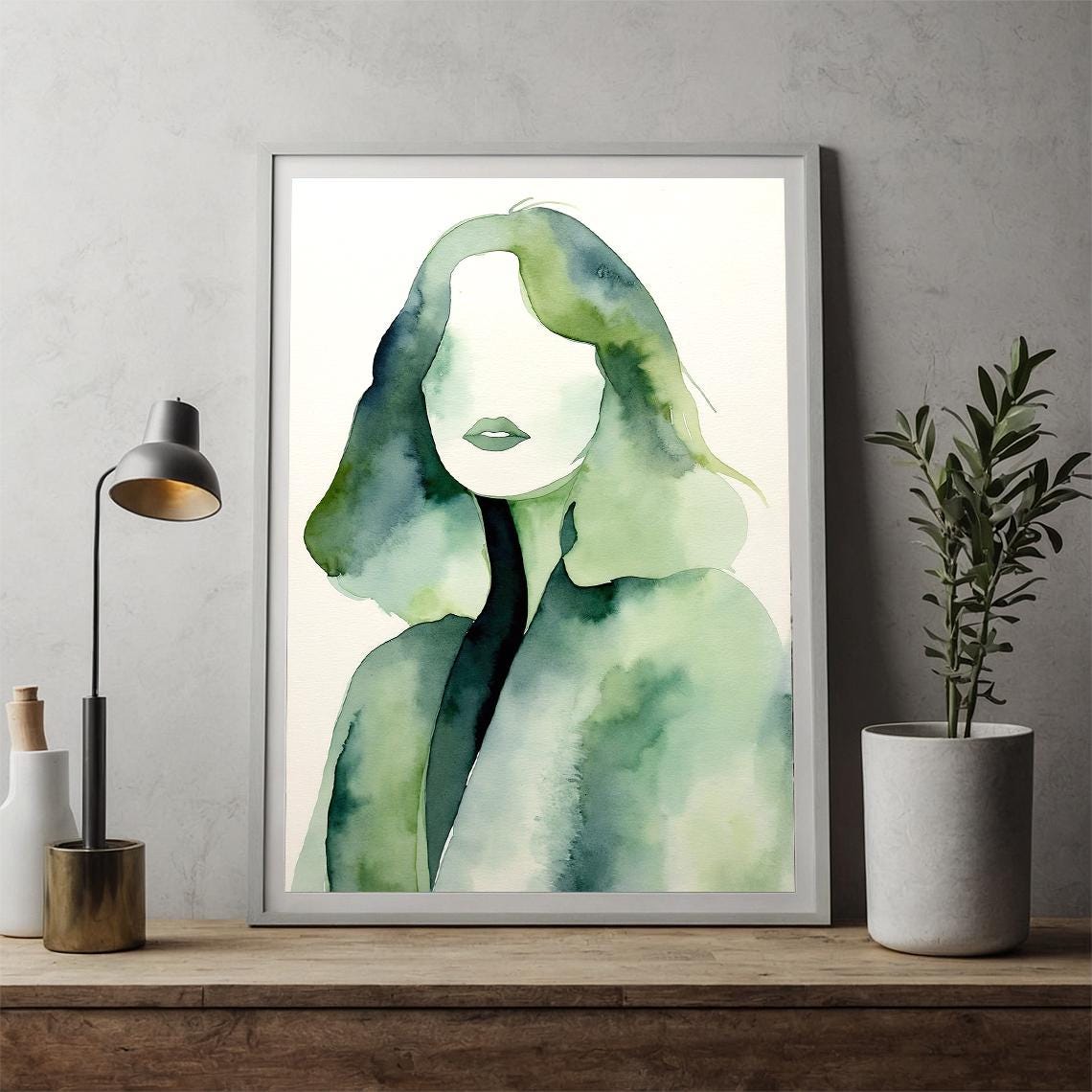 Green Watercolor Abstract Face Art Print Minimalist Home Office Decor