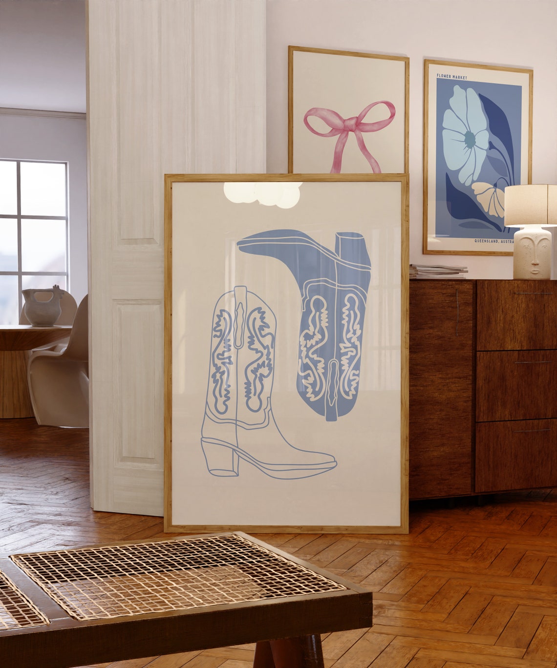 Coastal Cowgirl Wall Art Minimalist Cowgirl Art Preppy Cowboy Boots Retro Western Print Blue Cowgirl Decor Howdy Wall Art - Image 4