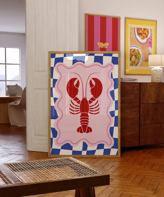 Lobster Print Trendy Wall Art Poster Kitchen Art Print Red Pink Minimalist Art Ocean Wall Art Wall Art Euro Holiday Print Dining Room Art