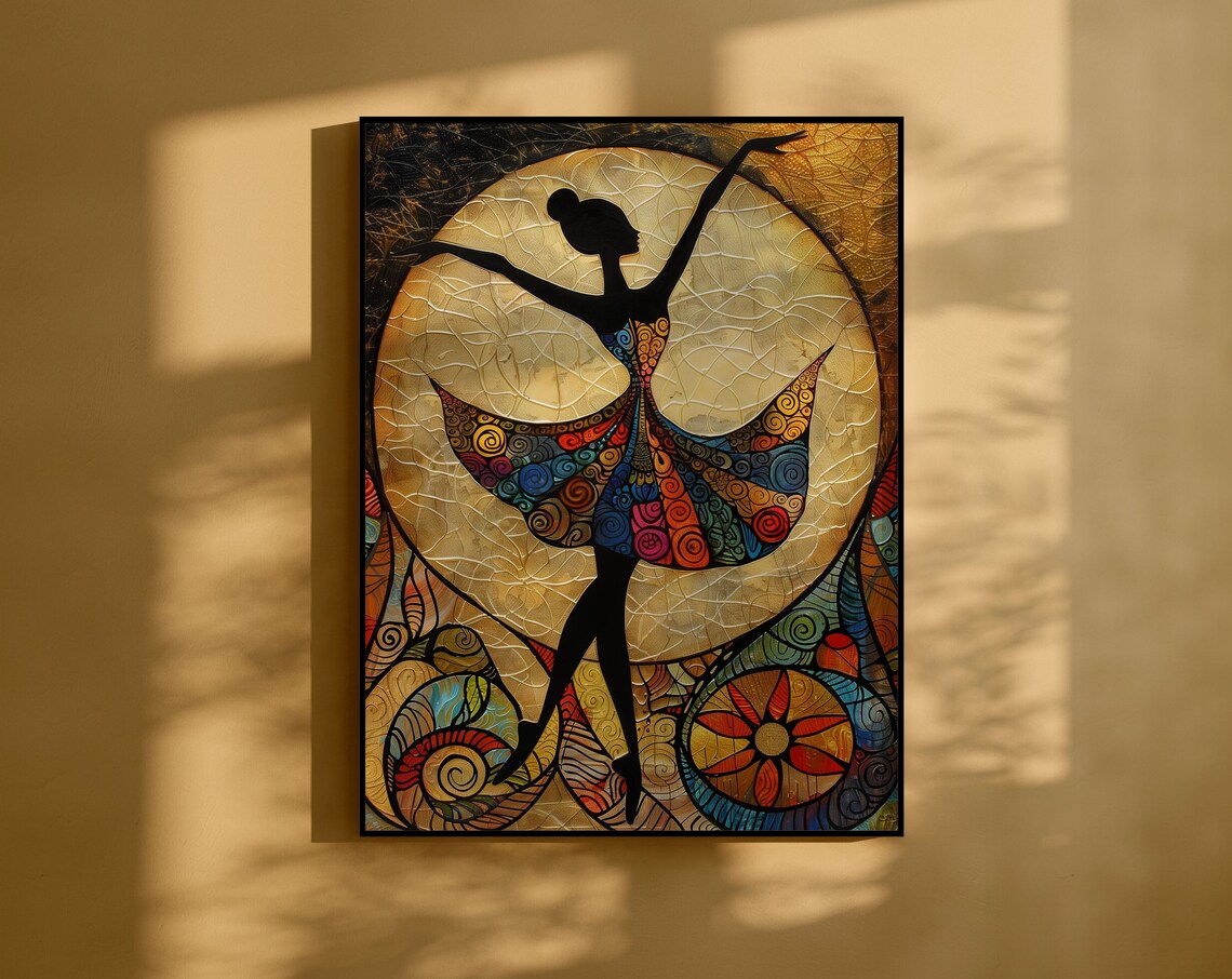 Ballerina Silhouette Under the Moon Stained Glass Dance Poster