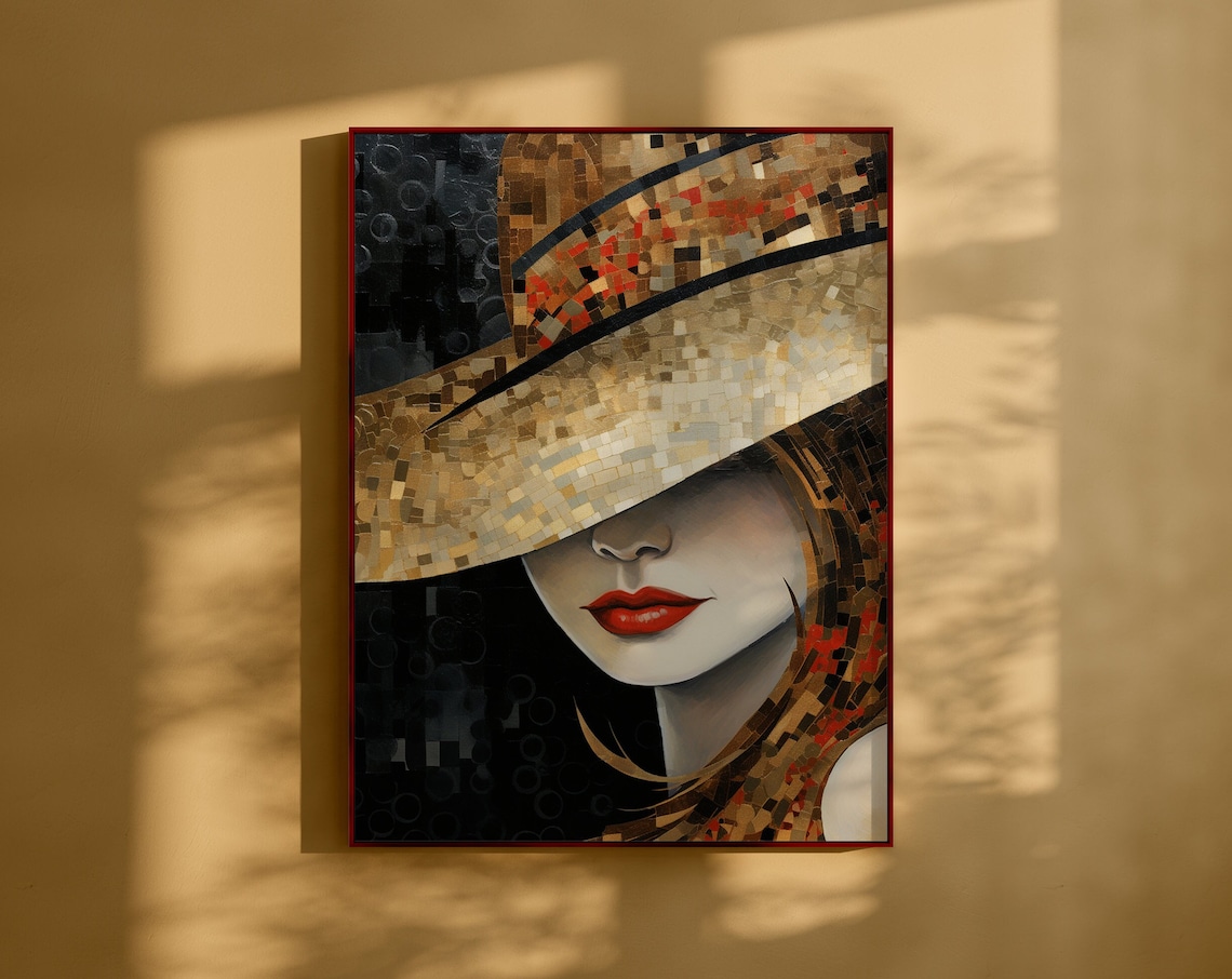 Mosaic Woman in Wide Hat with Red Lips Art Deco Style Poster
