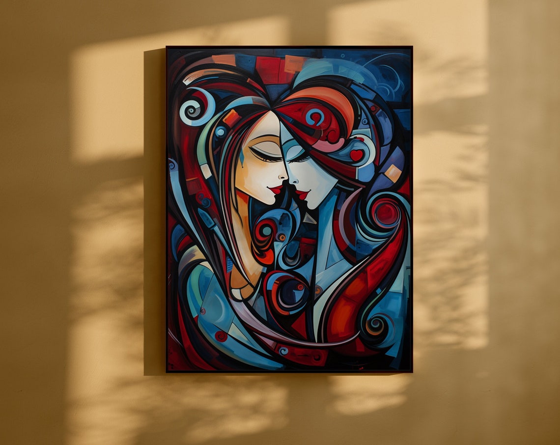 Abstract Lovers Faces Intertwined in Red and Blue Swirls Poster