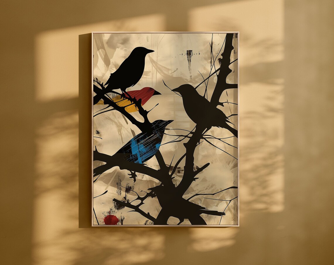 Black Bird Silhouettes on Bare Branches Minimalist Art Poster