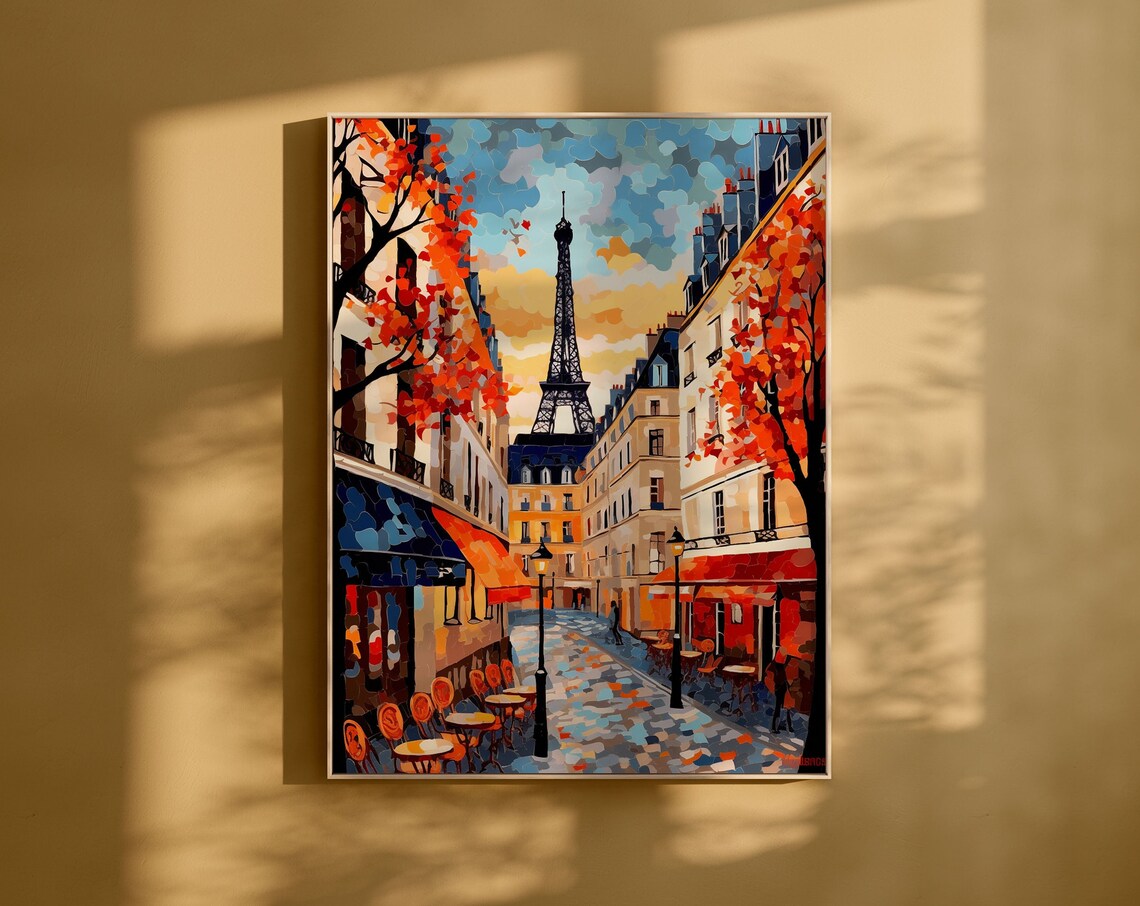 Charming Paris Street Cafe Scene with Eiffel Tower Autumn Art Poster