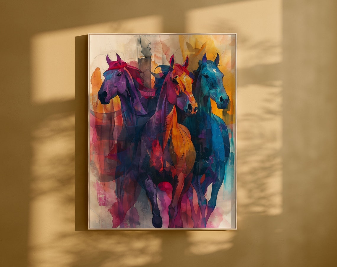 Three Galloping Horses in Vivid Color Abstract Equestrian Poster