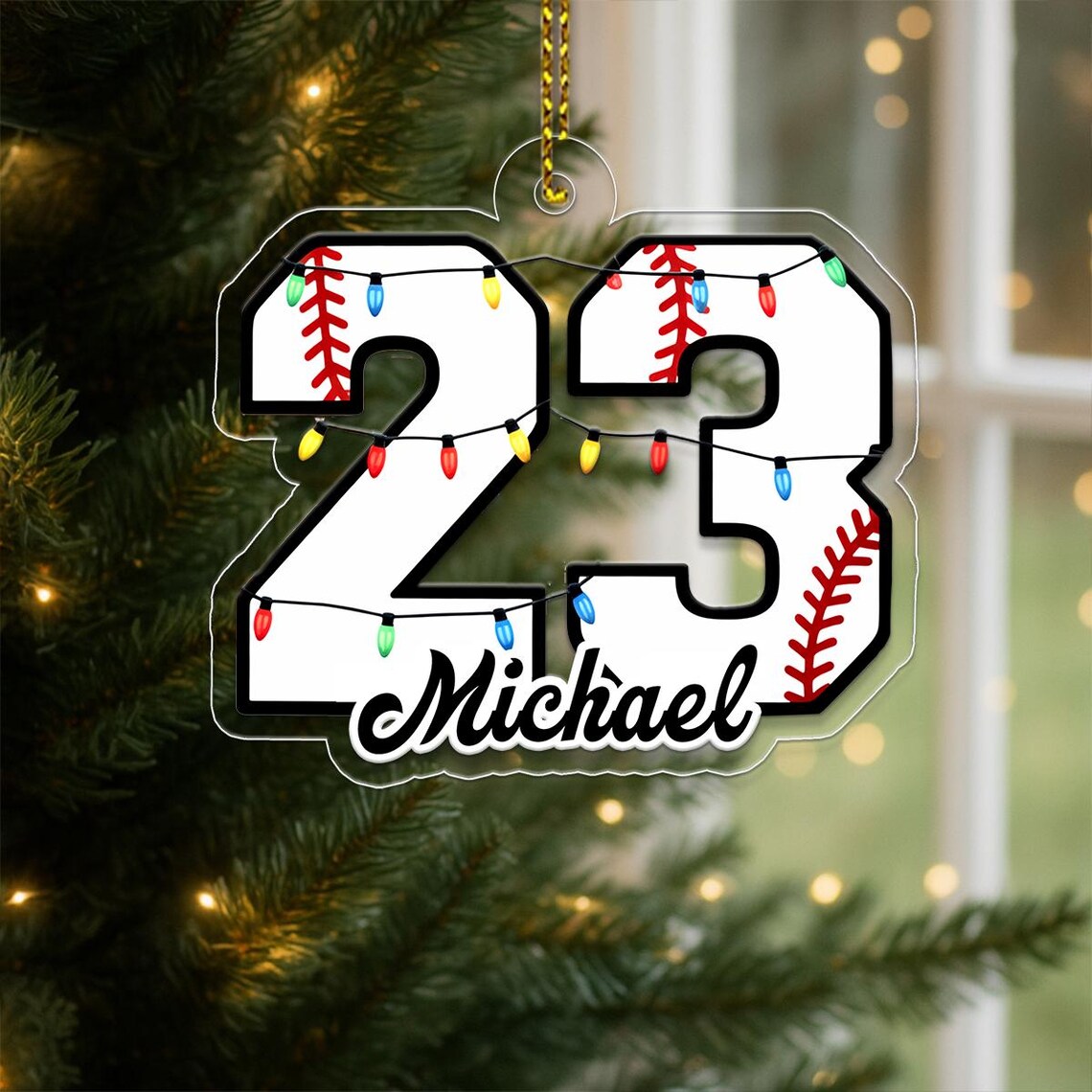 Personalized Name Baseball Jersey Number 23 Lights Christmas Ornament Print