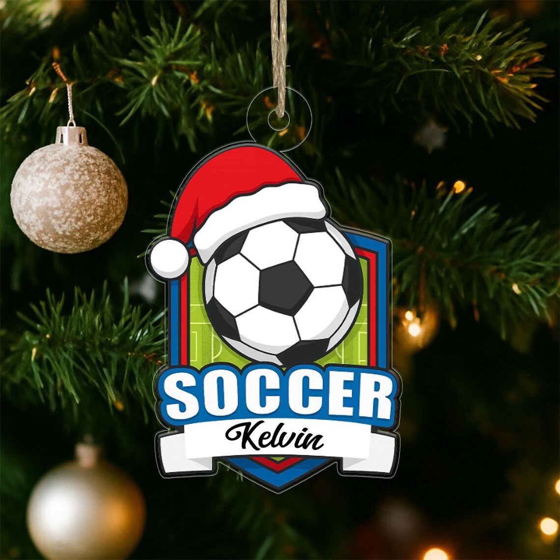 Personalized Soccer Badge Christmas Ornament Kelvin Santa Hat Acrylic Print Gift