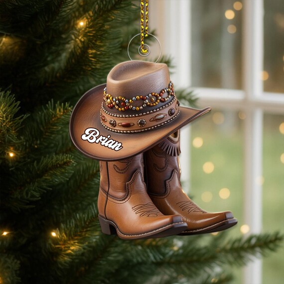 Personalized Cowboy Hat Boots Christmas Ornament Custom Name Western Gift Poster