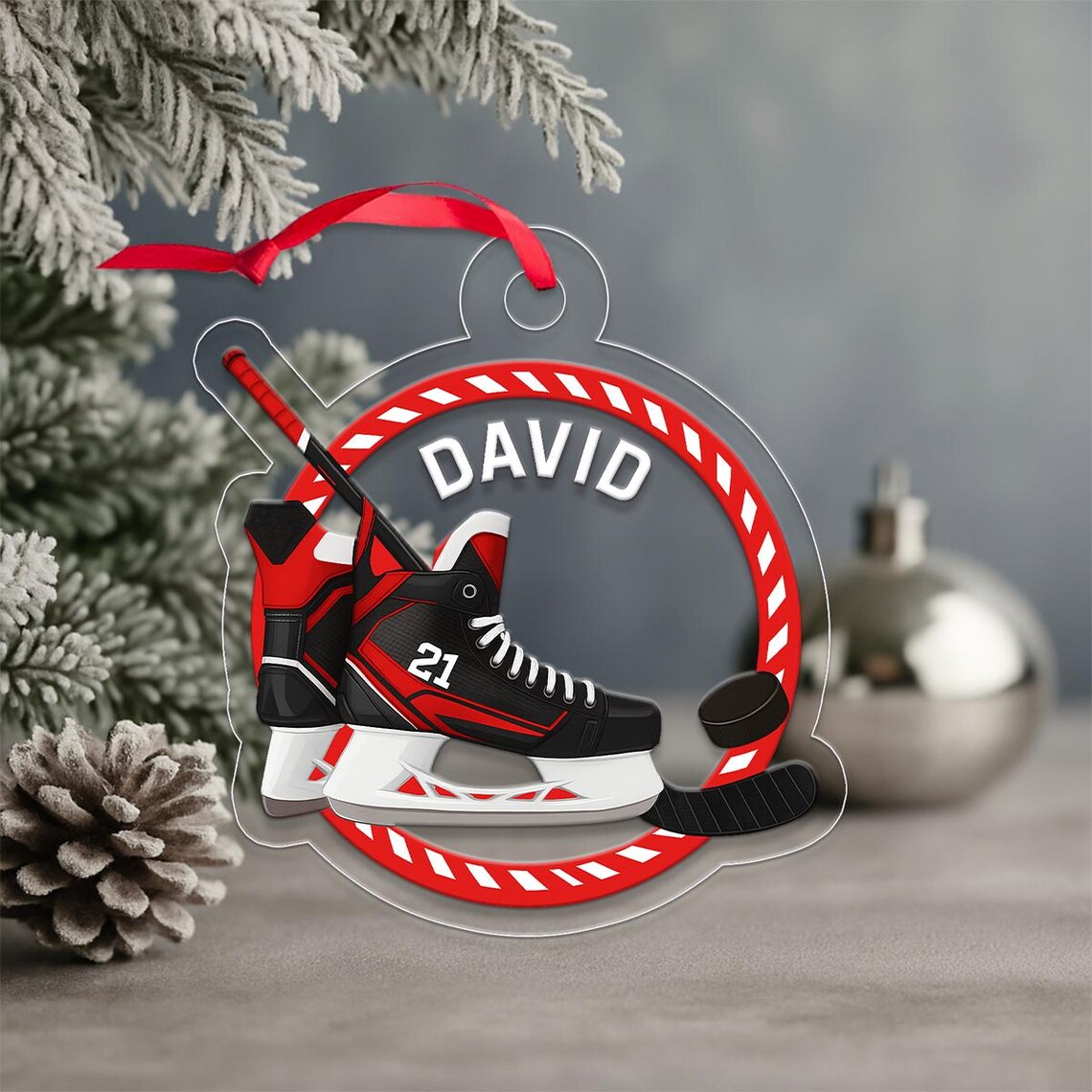 Custom Name Hockey Skate Christmas Ornament Number 21 Poster
