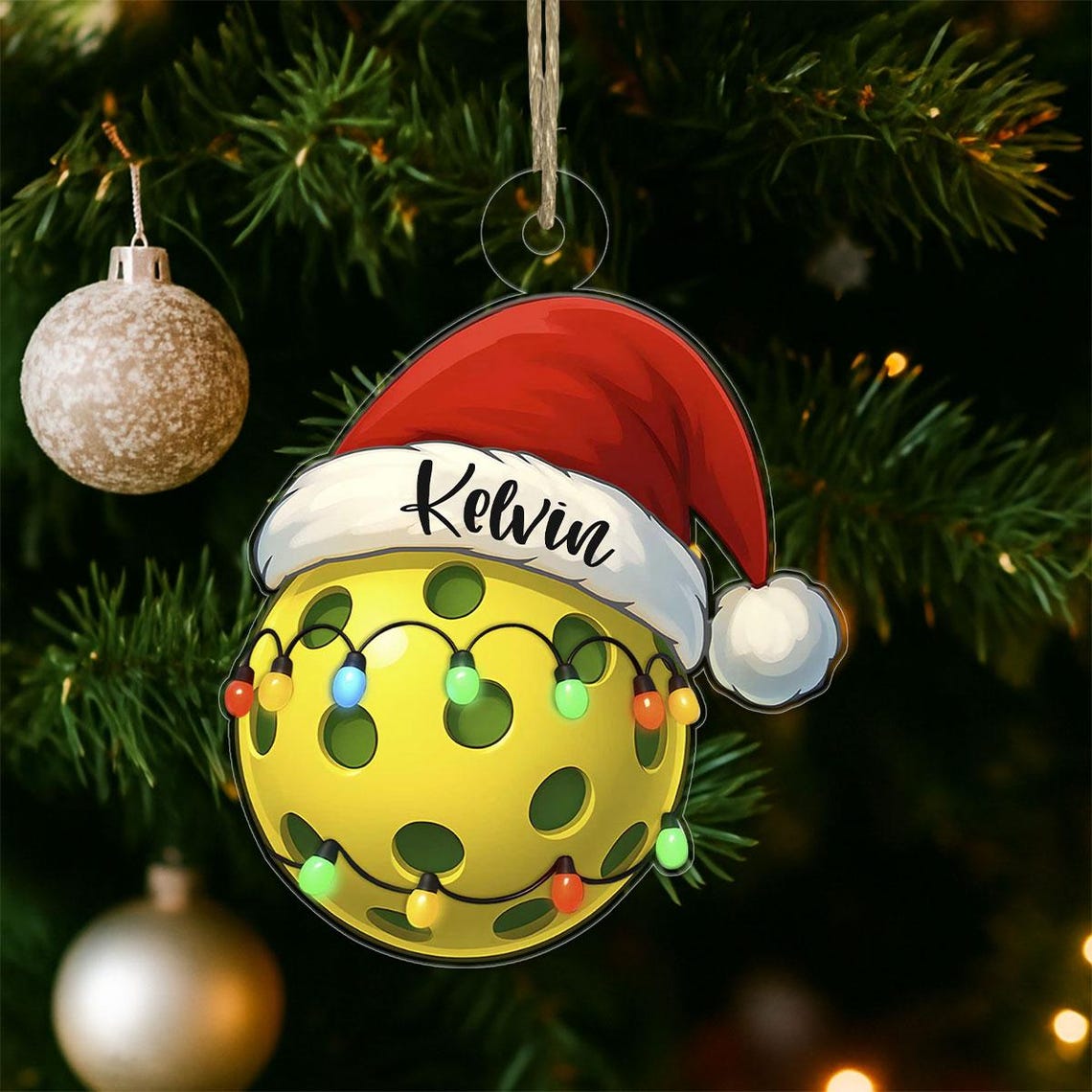 Personalized Pickleball Ball Santa Hat Lights Name Christmas Print