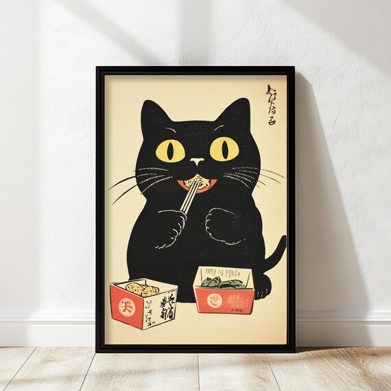 Funny Black Cat Eating Takeout Chopsticks Japanese Kitchen Poster