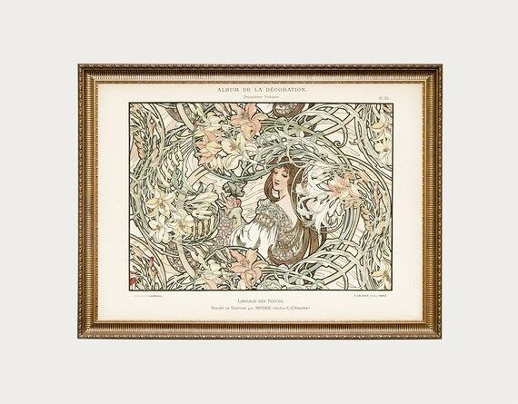 Mucha Langage des Fleurs Lily Woman Art Nouveau Beige Poster