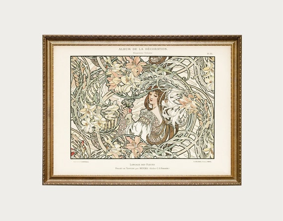 Mucha Original Art Nouveau Poster Floral Print Large Artwork Mucha Beige Pink And Green Paris Vintage