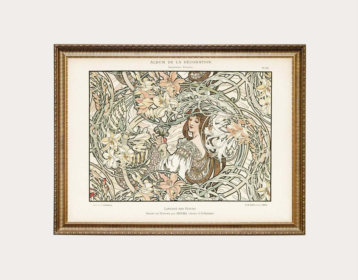 Mucha Langage des Fleurs Lily Woman Art Nouveau Beige Poster