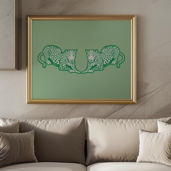 Twin Green Cheetahs Mirrored Jungle Cat Preppy Maximalist Poster