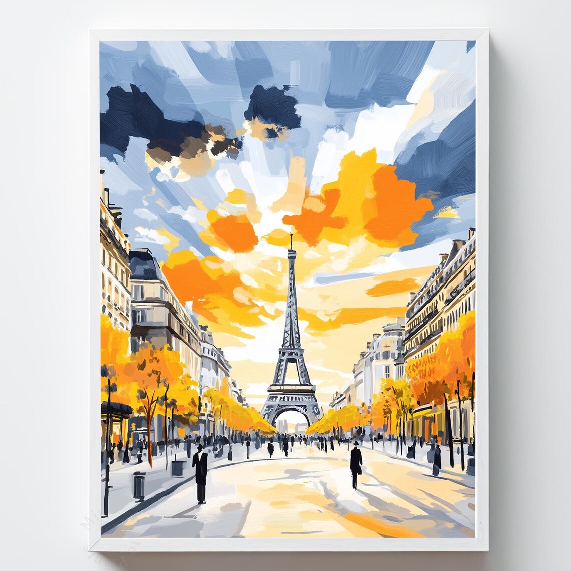 Eiffel Tower Paris Autumn Boulevard Golden Cloudy Sky Art Poster
