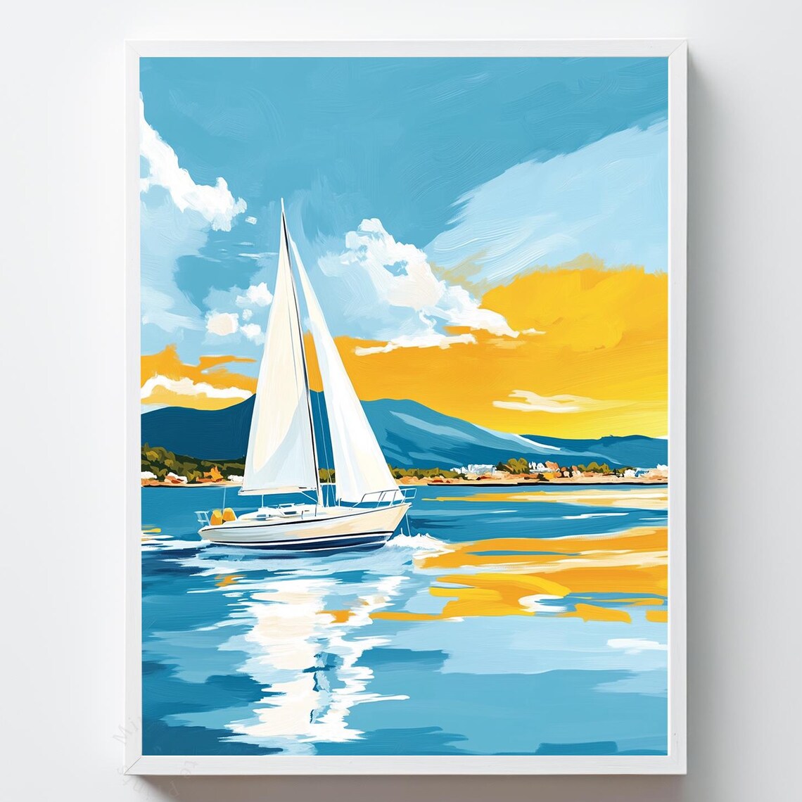 White Sailboat Golden Sea Sunset Clouds Ocean Painting Poster