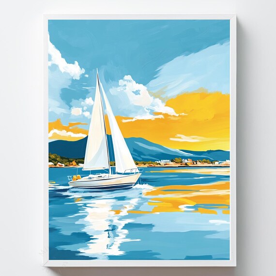 White Sailboat Golden Sea Sunset Clouds Ocean Painting Poster