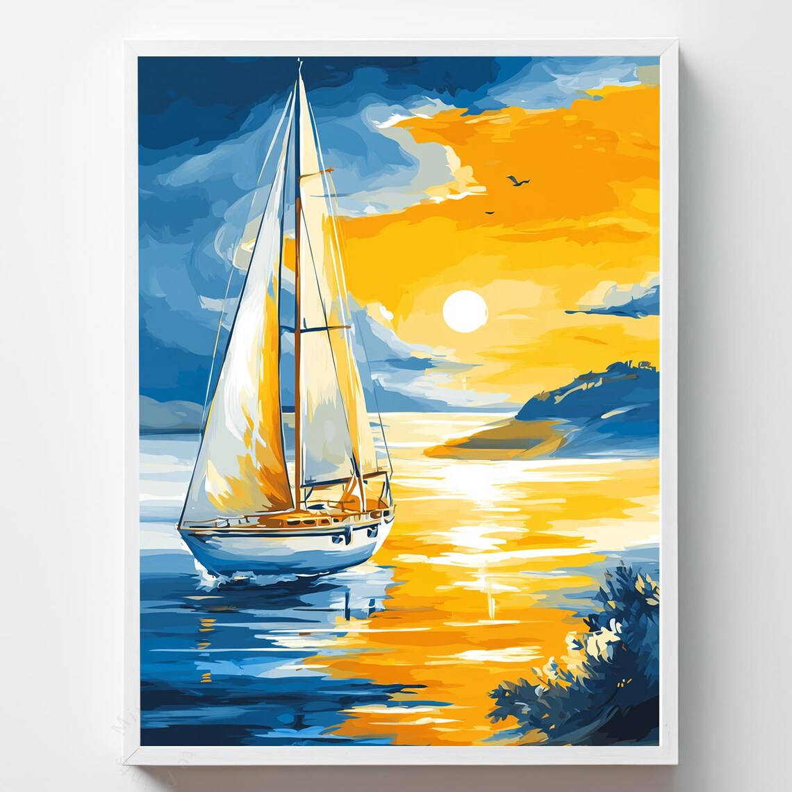 Sailing Boat Ocean Voyage Sunset Golden Bright Sea Painting Poster