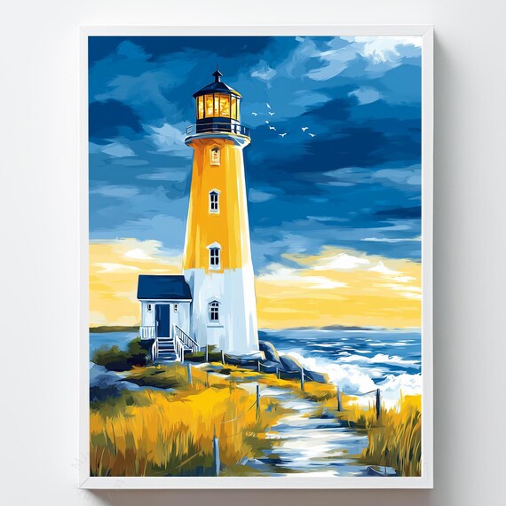 Moody Lighthouse Coastal Art Print Windswept Cliff Scene