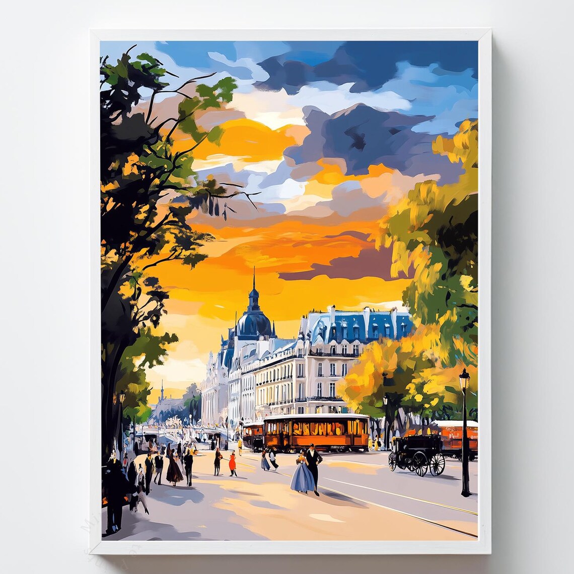 Paris Street Sunset Vintage Boulevard Carriage Painting Poster