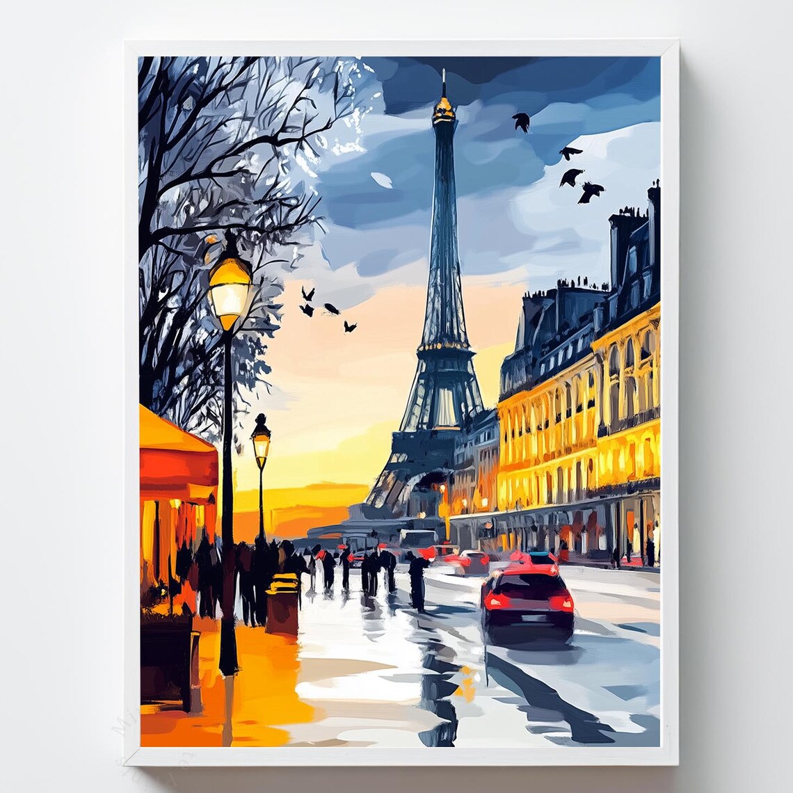Eiffel Tower Winter Paris Street Scene Night Painting Poster