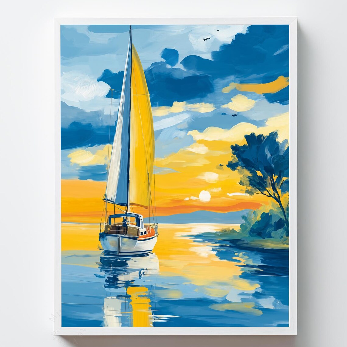 Sailboat Yellow Sail Sunset Golden Waters Nautical Art Print